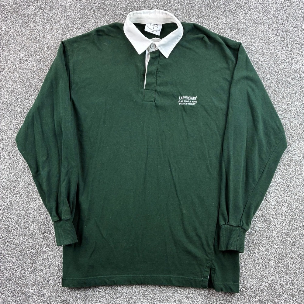 Vintage Laphroaig Scotch Whisky Rugby Shirt Mens Large Green Front Row Alcohol